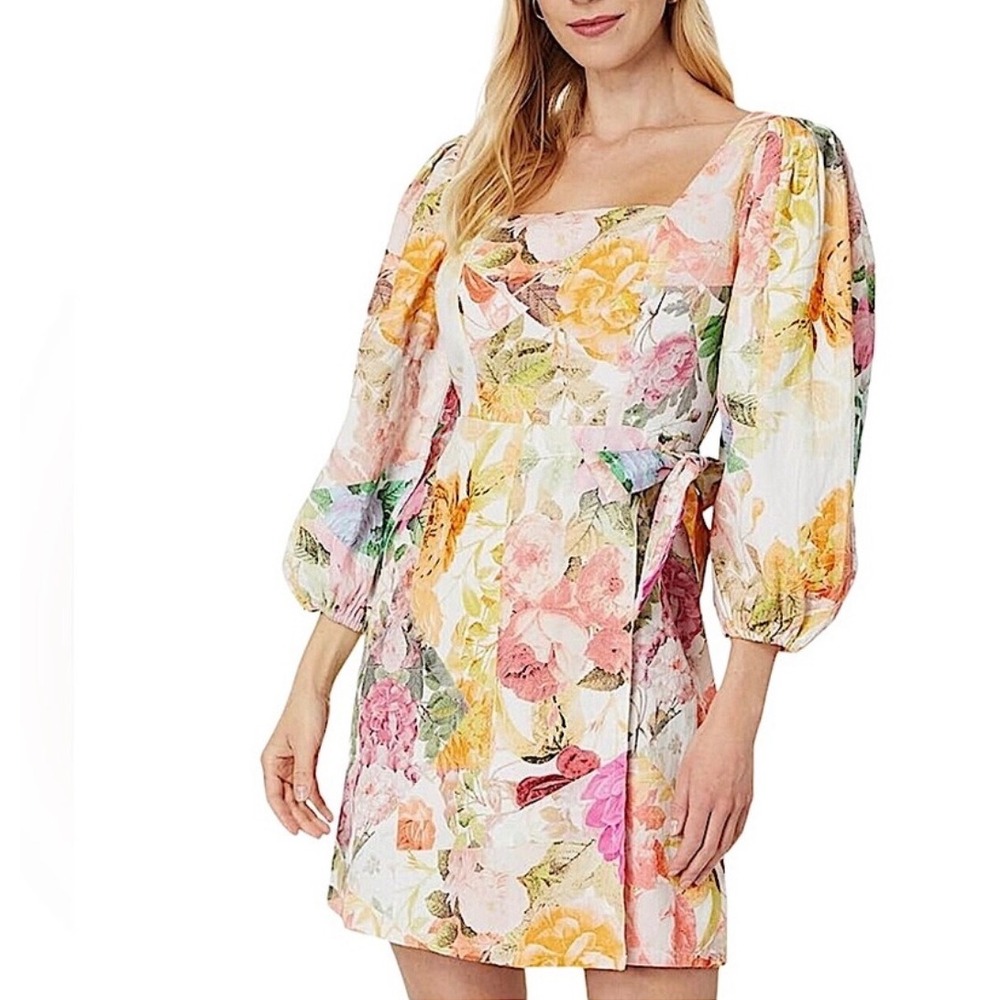 Vince Camuto Linen Floral Puff Sleeve Dress Cottagecore Garden Party Wrap Size 4
